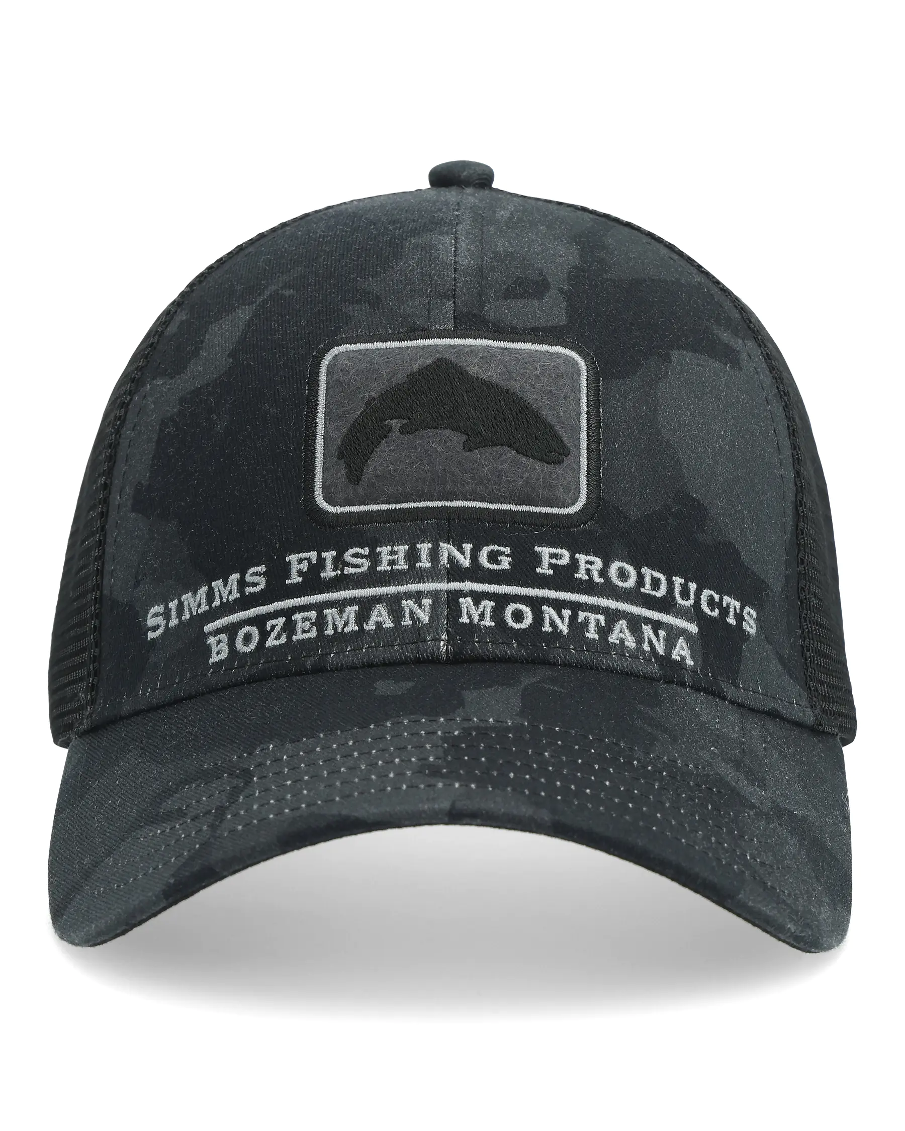 Simms Trout Icon Trucker Hat Regiment Camo Carbon